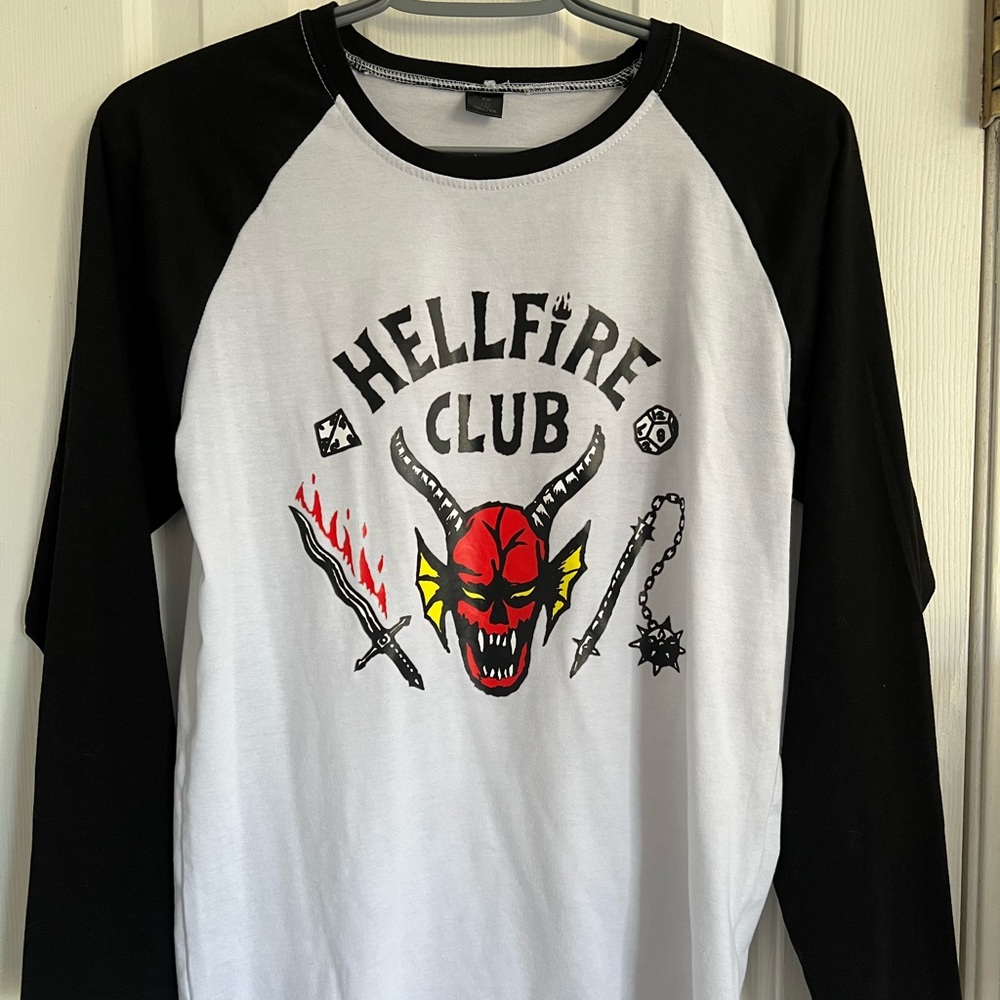 Stranger Things Hellfire Club baseball shirt.